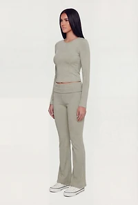 Ribbed Knit Fold Over Flare Leg Pants