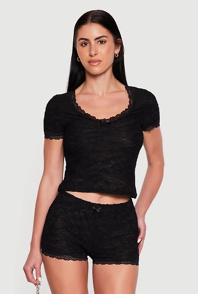 Scalloped Lace Trim Short Sleeve Crop Top
