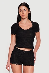 Scalloped Lace Trim Short Sleeve Crop Top