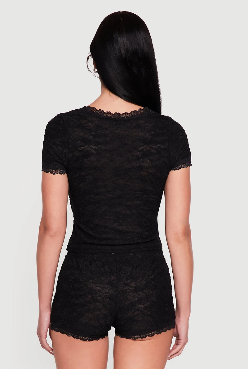 Scalloped Lace Trim Short Sleeve Crop Top