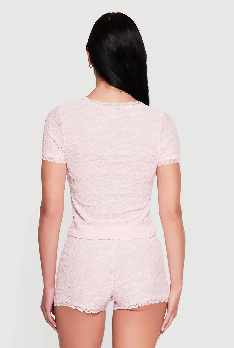 Scalloped Lace Trim Short Sleeve Crop Top