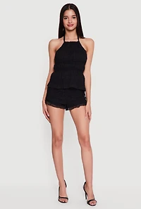 Mesh Ruffled Tie Neck Halter Top