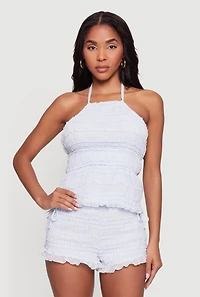 Mesh Ruffled Tie Neck Halter Top