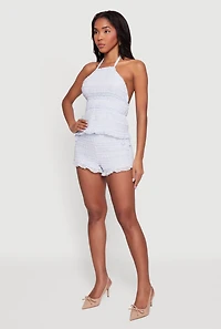 Mesh Ruffled Tie Neck Halter Top