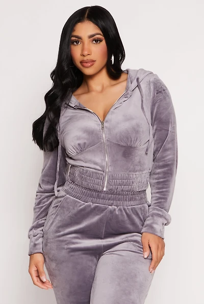 Womens Iris Velour Zip Front Cropped Hoodie, Grey, Size S