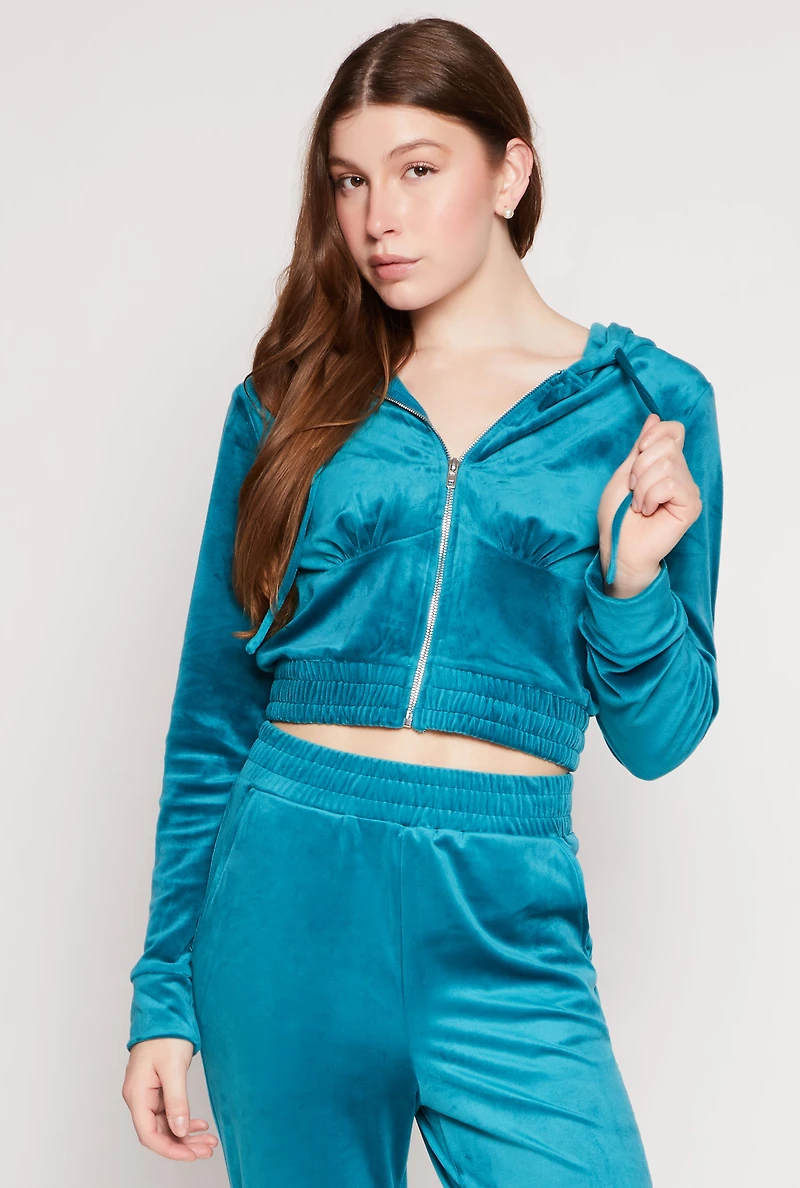 Womens Iris Velour Zip Front Cropped Hoodie, Blue,