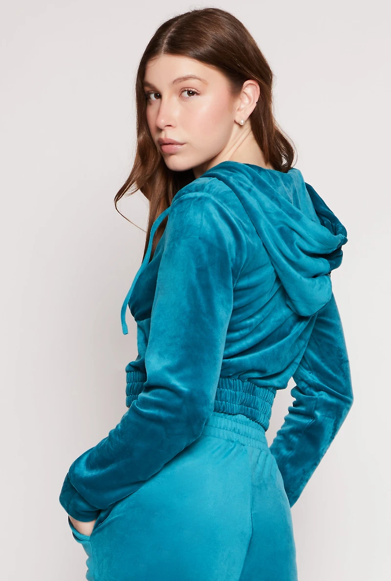 Womens Iris Velour Zip Front Cropped Hoodie, Blue,