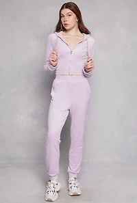 Womens Iris Velour Zip Front Cropped Hoodie, Purple, Size L