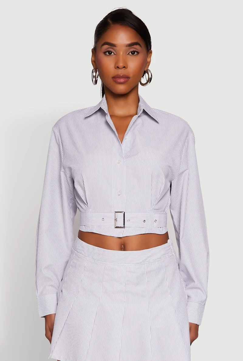 Womens Striped Cropped Button Front Shirt with Belt, Multi, Size M