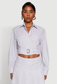 Womens Striped Cropped Button Front Shirt with Belt, Multi, Size M