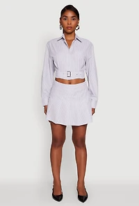 Womens Striped Cropped Button Front Shirt with Belt, Multi, Size M