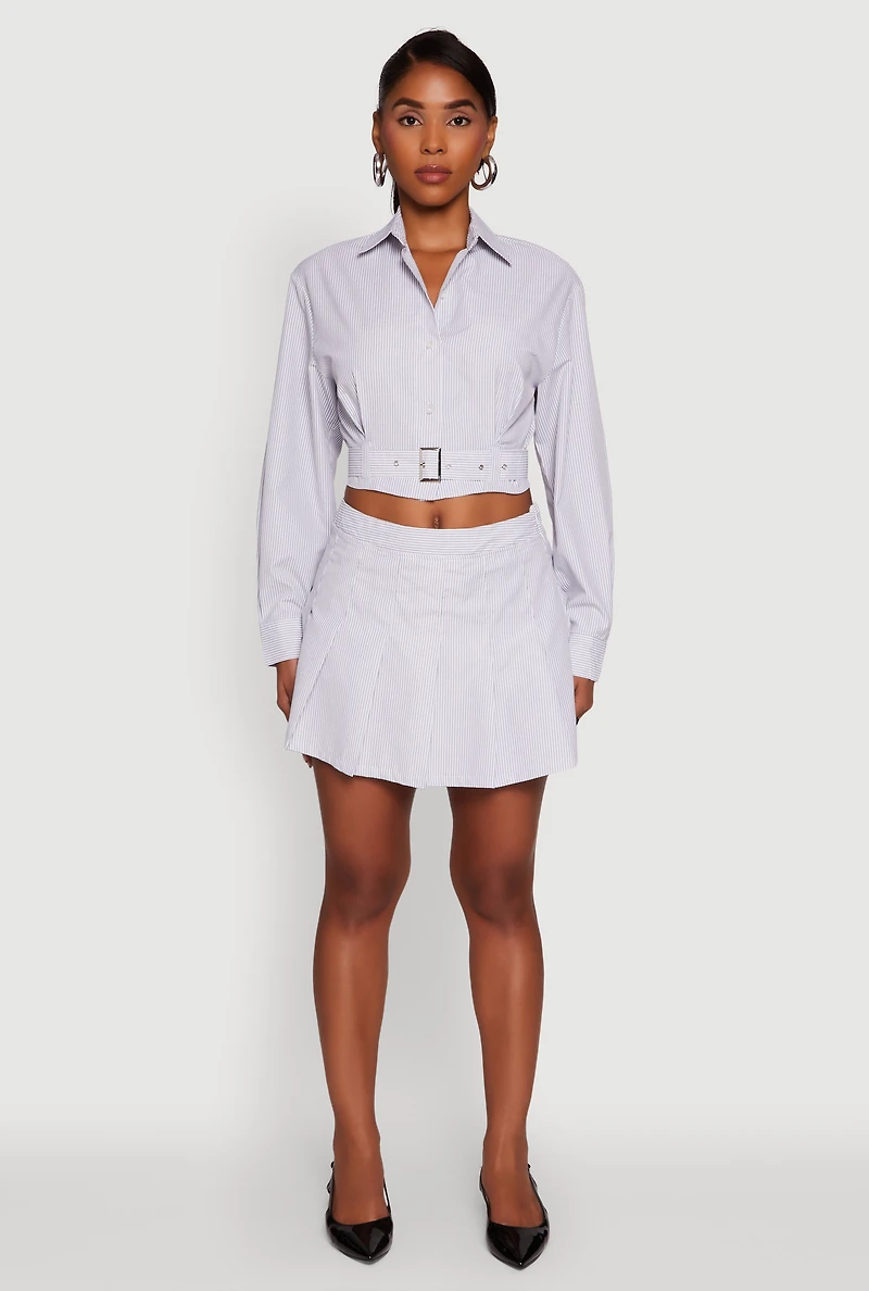 Womens Striped Cropped Button Front Shirt with Belt, Multi, Size M