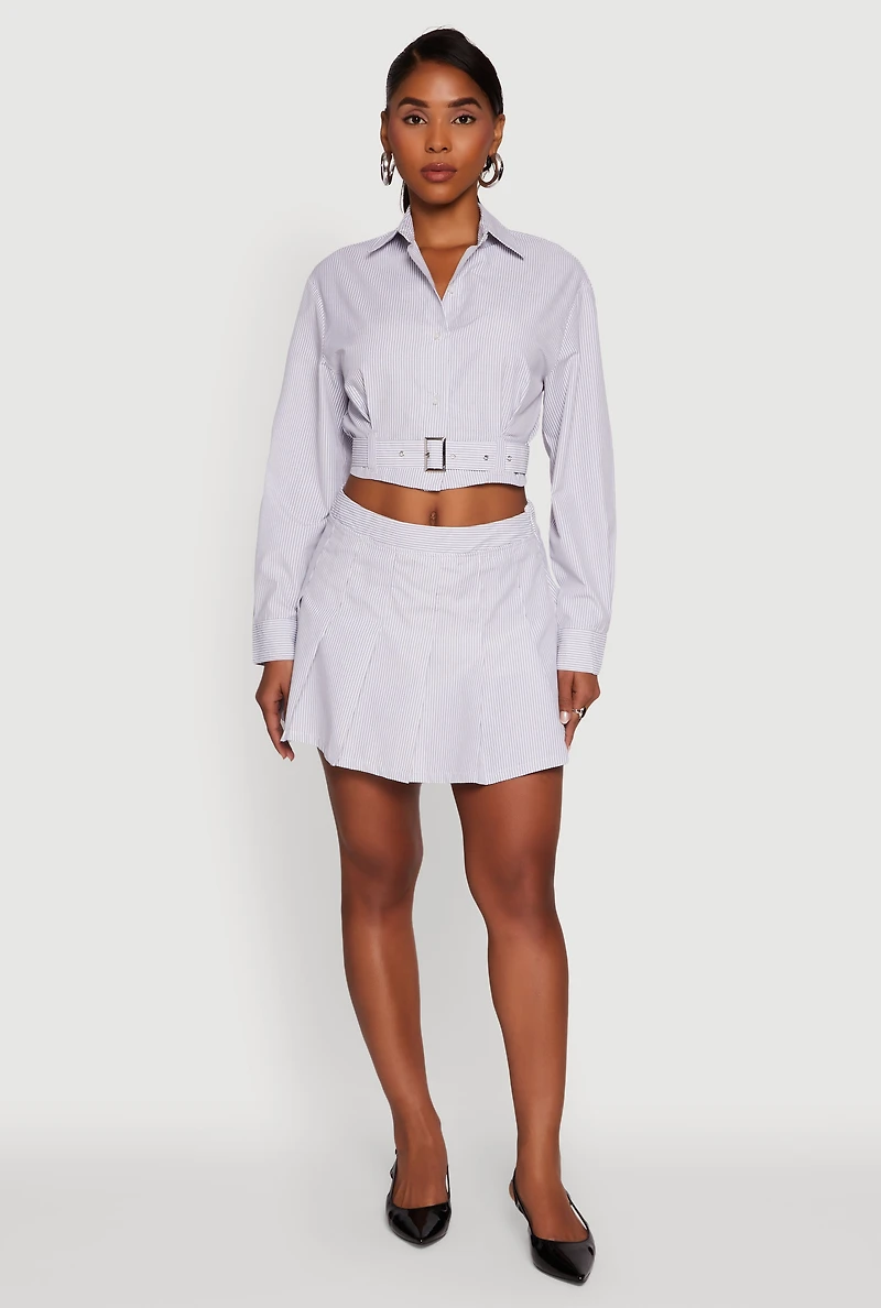 Striped Cropped Button Front Shirt with Belt