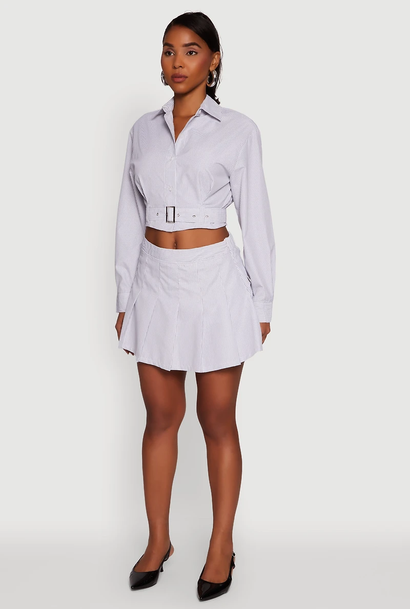 Striped Cropped Button Front Shirt with Belt