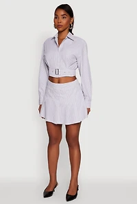 Womens Striped Cropped Button Front Shirt with Belt, Multi, Size M