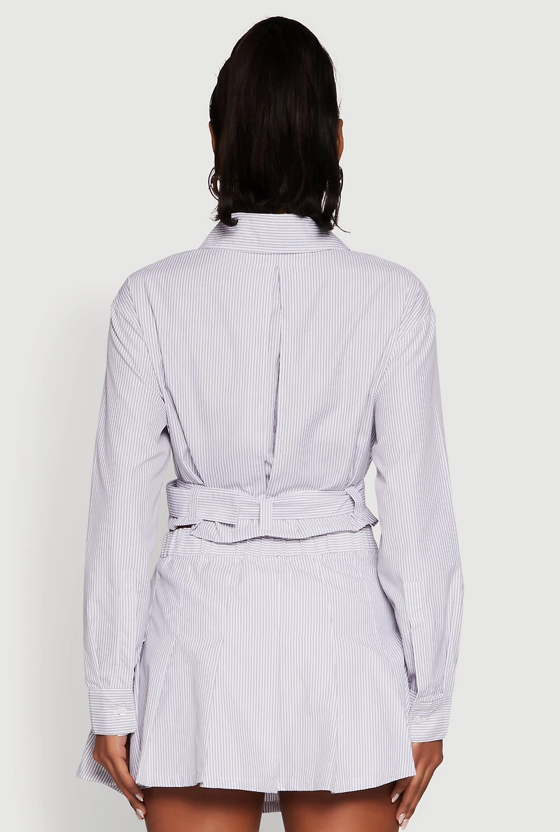 Striped Cropped Button Front Shirt with Belt