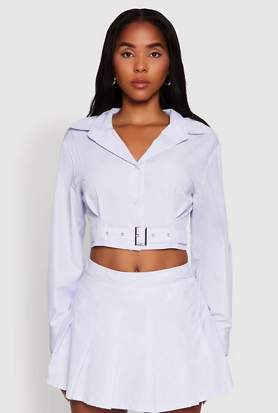Womens Striped Cropped Button Front Shirt with Belt, Blue, Size L