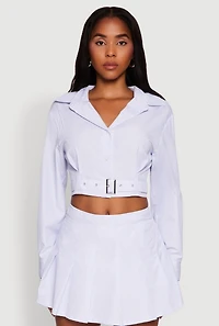 Womens Striped Cropped Button Front Shirt with Belt, Blue, Size L