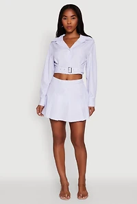 Womens Striped Cropped Button Front Shirt with Belt, Blue, Size M