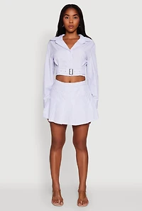 Womens Striped Cropped Button Front Shirt with Belt, Blue, Size L