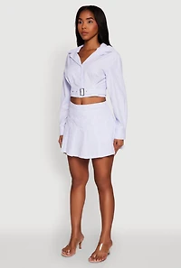 Womens Striped Cropped Button Front Shirt with Belt, Blue, Size L