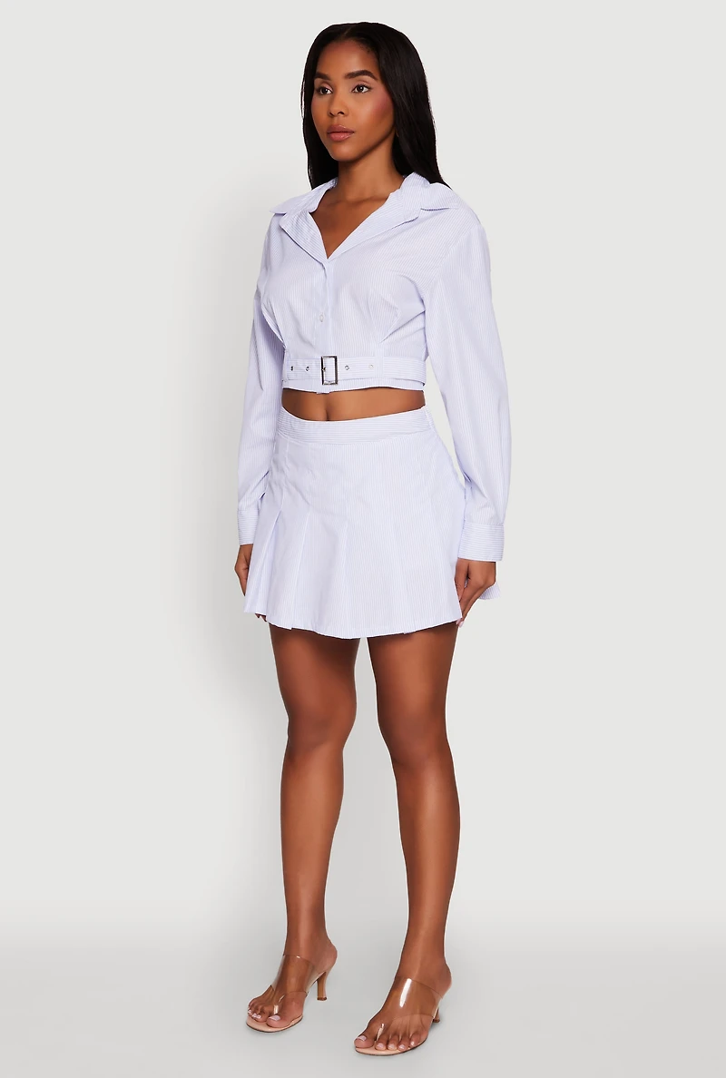 Womens Striped Cropped Button Front Shirt with Belt, Blue, Size M