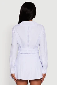 Womens Striped Cropped Button Front Shirt with Belt, Blue, Size L