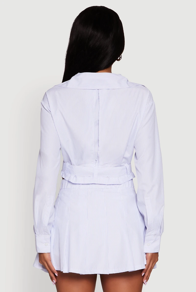 Womens Striped Cropped Button Front Shirt with Belt, Blue, Size S