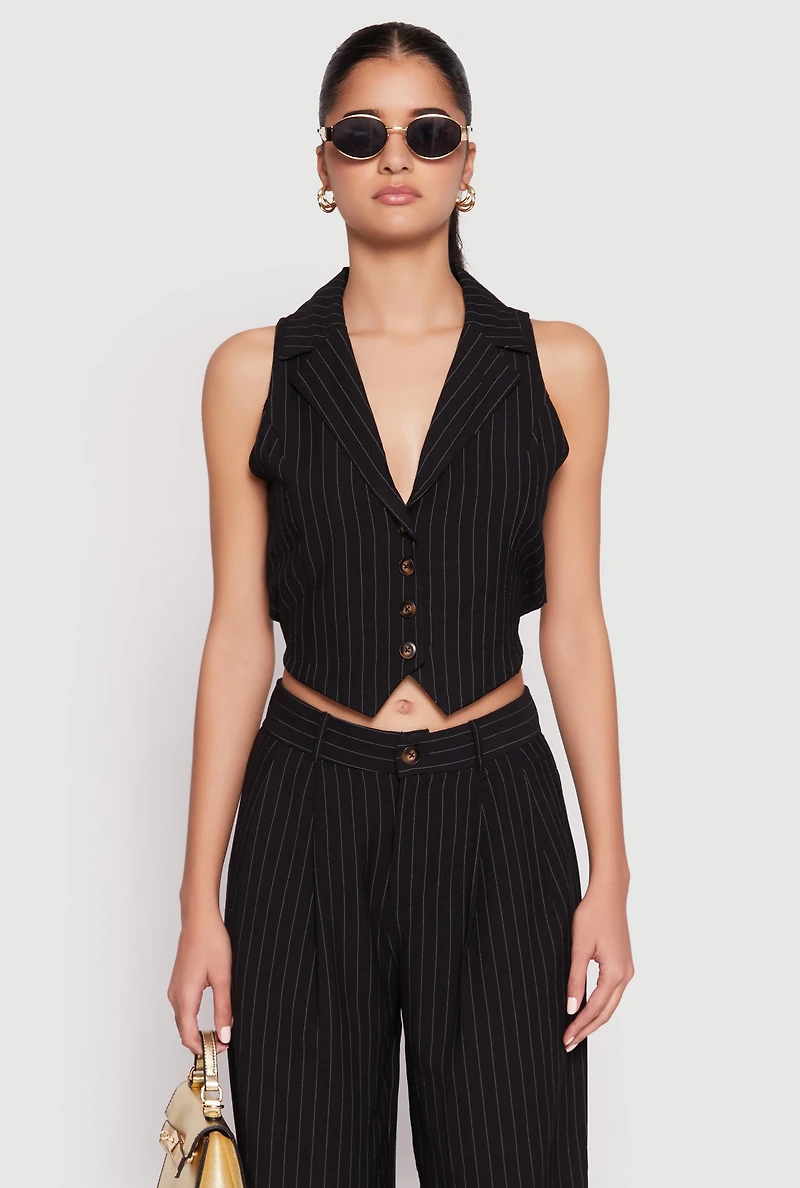 Womens Pinstripe Tie Back Blazer Vest, Black, Size M
