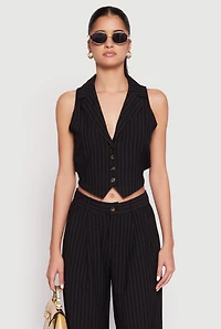 Womens Pinstripe Tie Back Blazer Vest, Black, Size M