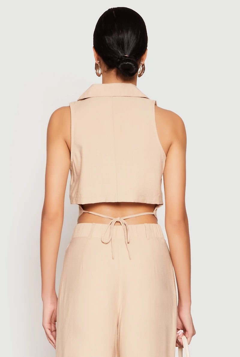 Womens Pinstripe Tie Back Blazer Vest, Beige, Size S