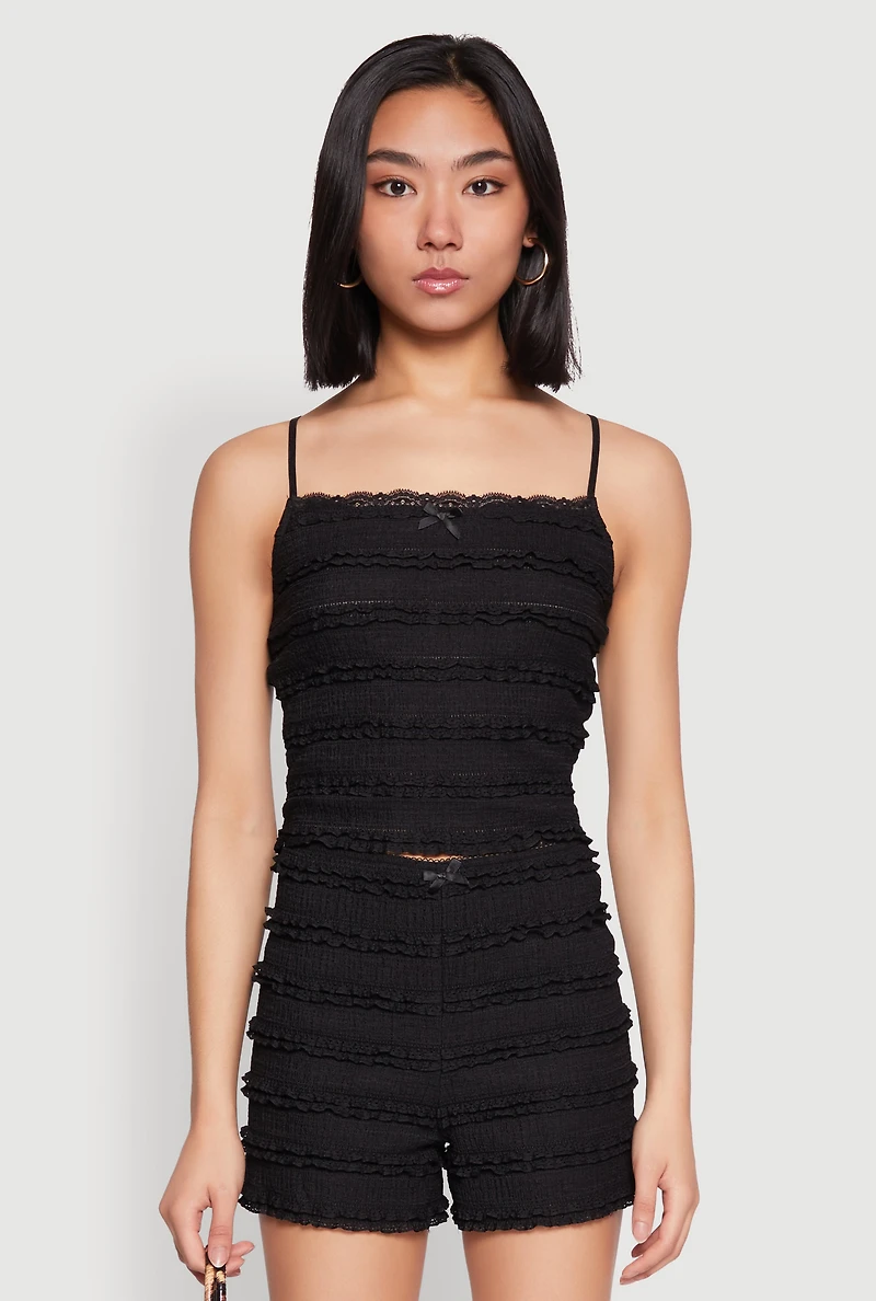 Womens Textured Knit Tiered Lace Detail Cami,