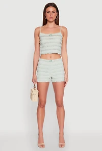 Womens Textured Knit Tiered Lace Detail Cami, Green, Size M