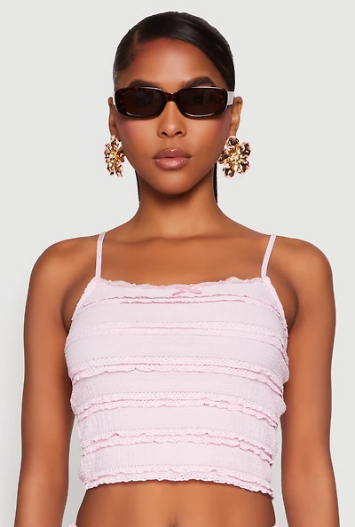 Womens Textured Knit Tiered Lace Detail Cami, Pink, Size M