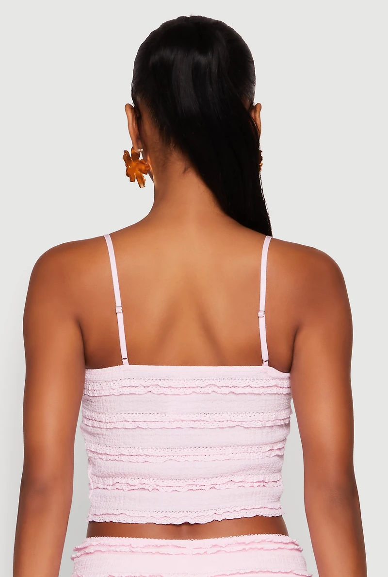 Womens Textured Knit Tiered Lace Detail Cami, Pink, Size M