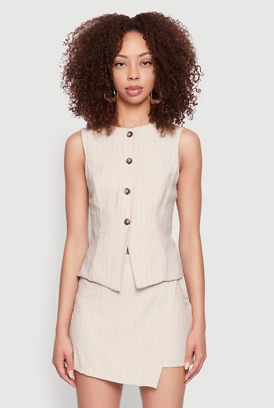 Womens Pinstripe Button Front Blazer Vest, Beige, Size M
