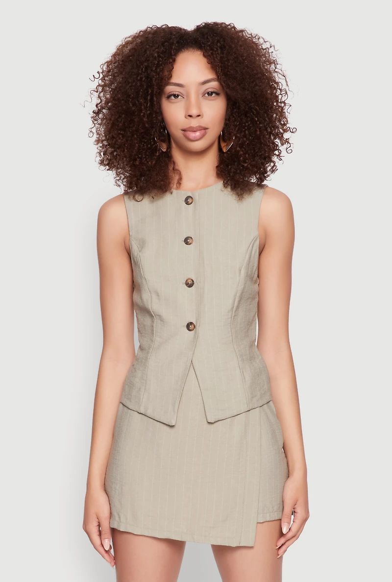 Womens Pinstripe Button Front Blazer Vest, Green, Size L