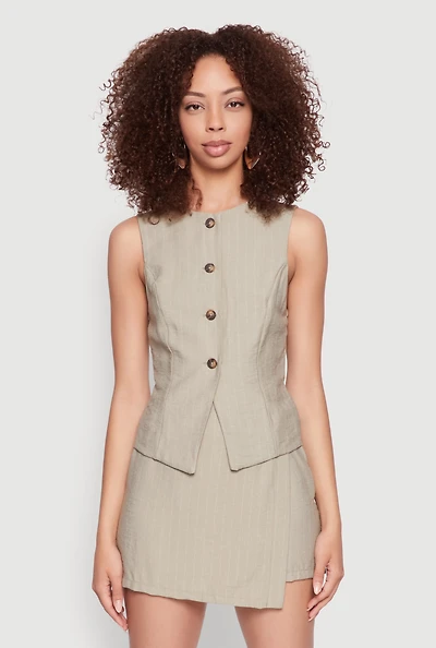 Womens Pinstripe Button Front Blazer Vest, Green, Size L