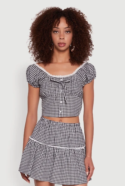 Womens Lace Detail Gingham Puff Sleeve Crop Top, Black, Size M