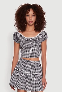 Womens Lace Detail Gingham Puff Sleeve Crop Top, Black, Size M