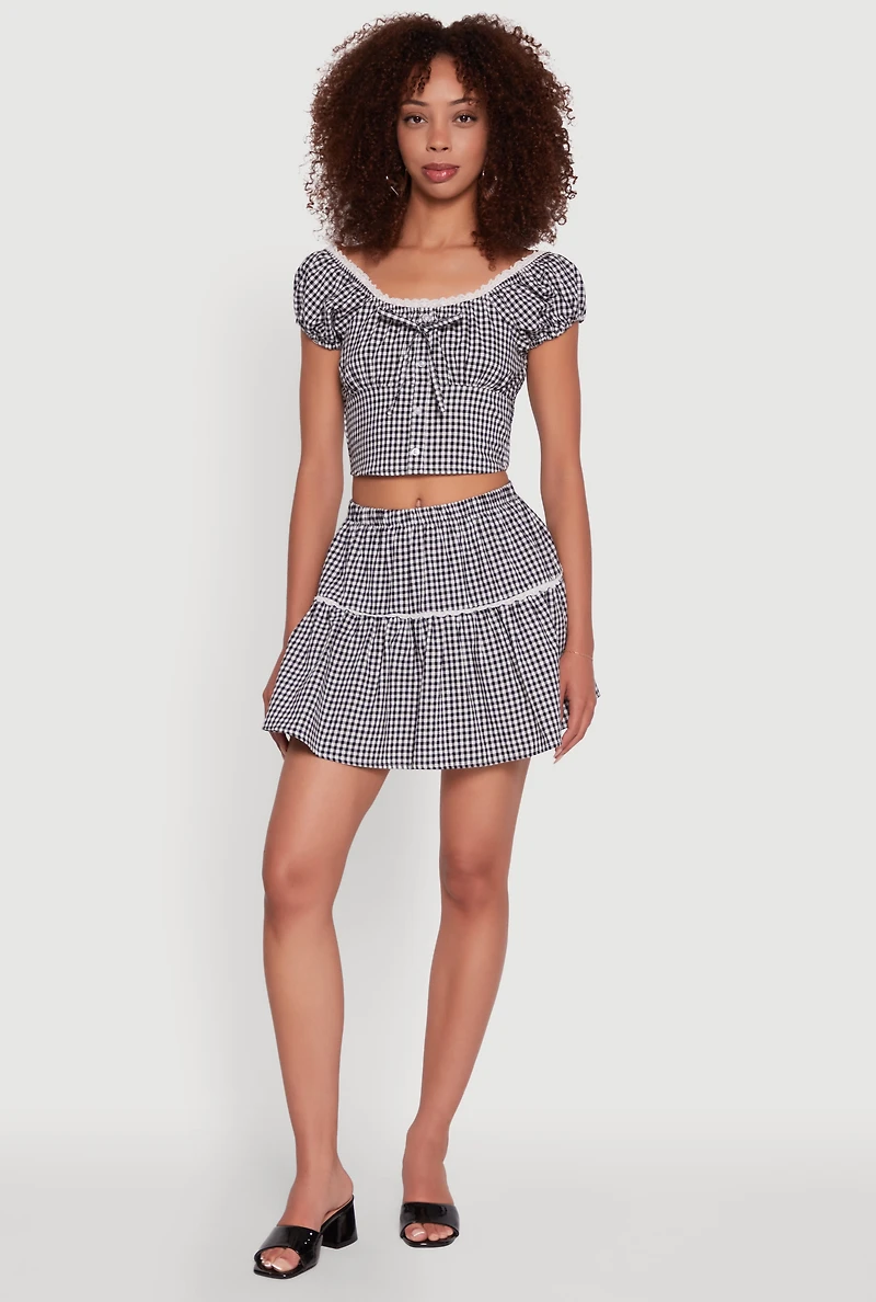 Womens Lace Detail Gingham Puff Sleeve Crop Top, Black, Size M
