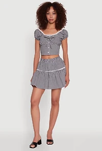 Womens Lace Detail Gingham Puff Sleeve Crop Top, Black, Size M