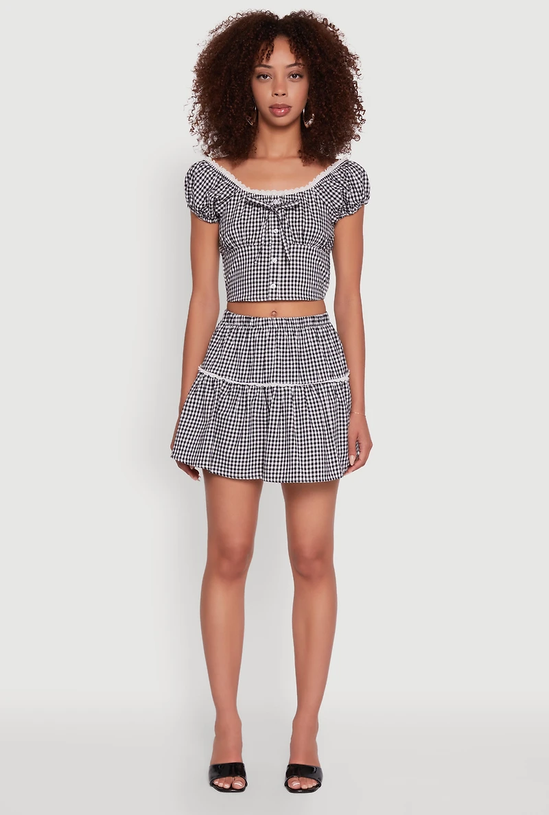 Womens Lace Detail Gingham Puff Sleeve Crop Top, Black, Size M