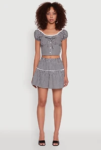 Womens Lace Detail Gingham Puff Sleeve Crop Top, Black, Size M