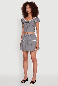 Womens Lace Detail Gingham Puff Sleeve Crop Top, Black, Size M