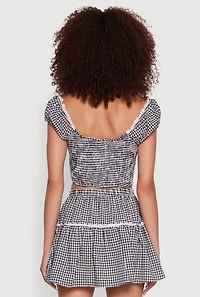 Womens Lace Detail Gingham Puff Sleeve Crop Top, Black, Size M