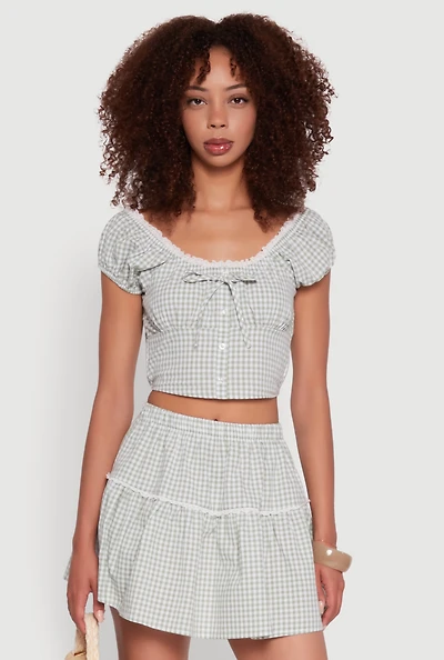 Womens Lace Detail Gingham Puff Sleeve Crop Top, Green, Size L