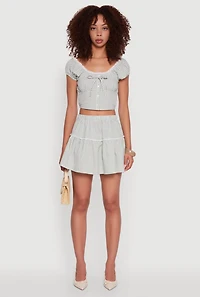 Womens Lace Detail Gingham Puff Sleeve Crop Top, Green, Size L
