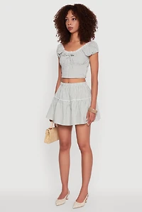 Womens Lace Detail Gingham Puff Sleeve Crop Top, Green, Size L