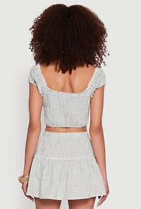 Womens Lace Detail Gingham Puff Sleeve Crop Top, Green,